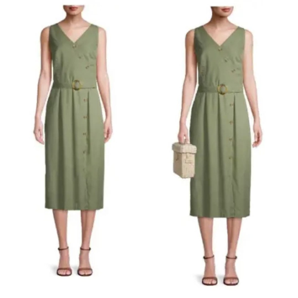 Time and Tru Women Button Picnic Dress Belt Sleeveless Shirtdress Green XXL (20)